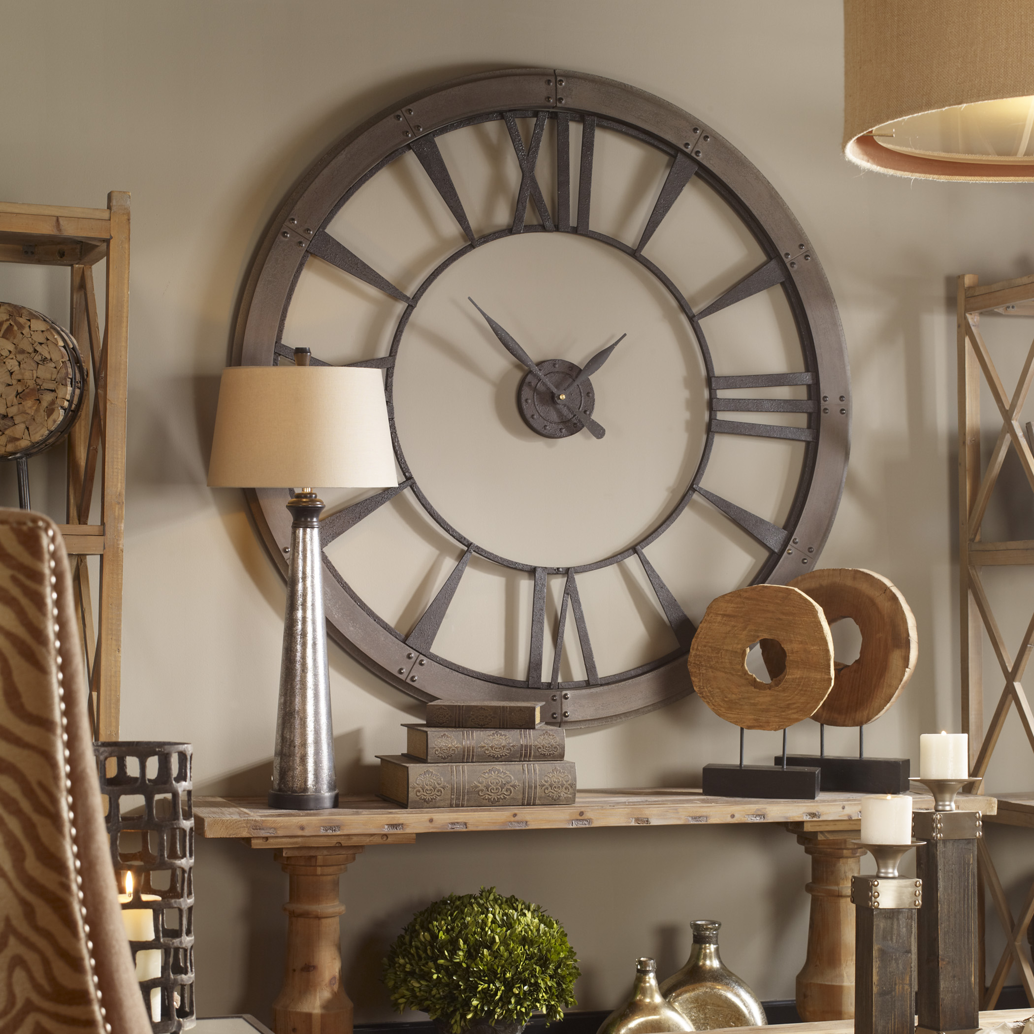 Rustic Round Iron Bronze Wood Wall Clock 60 in Oversized Open Design